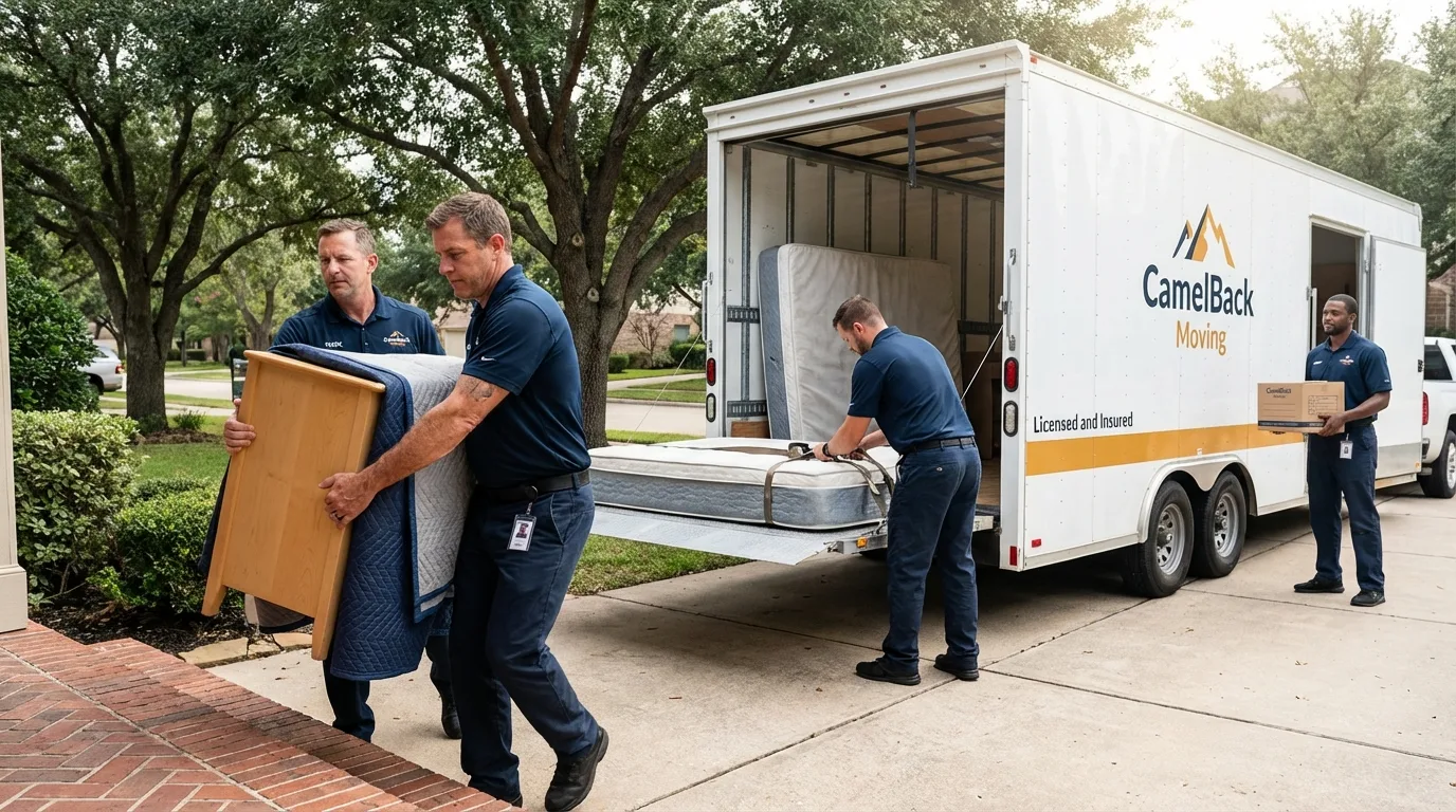 Crew loading residential truck for cross-state move from Manistique, MI