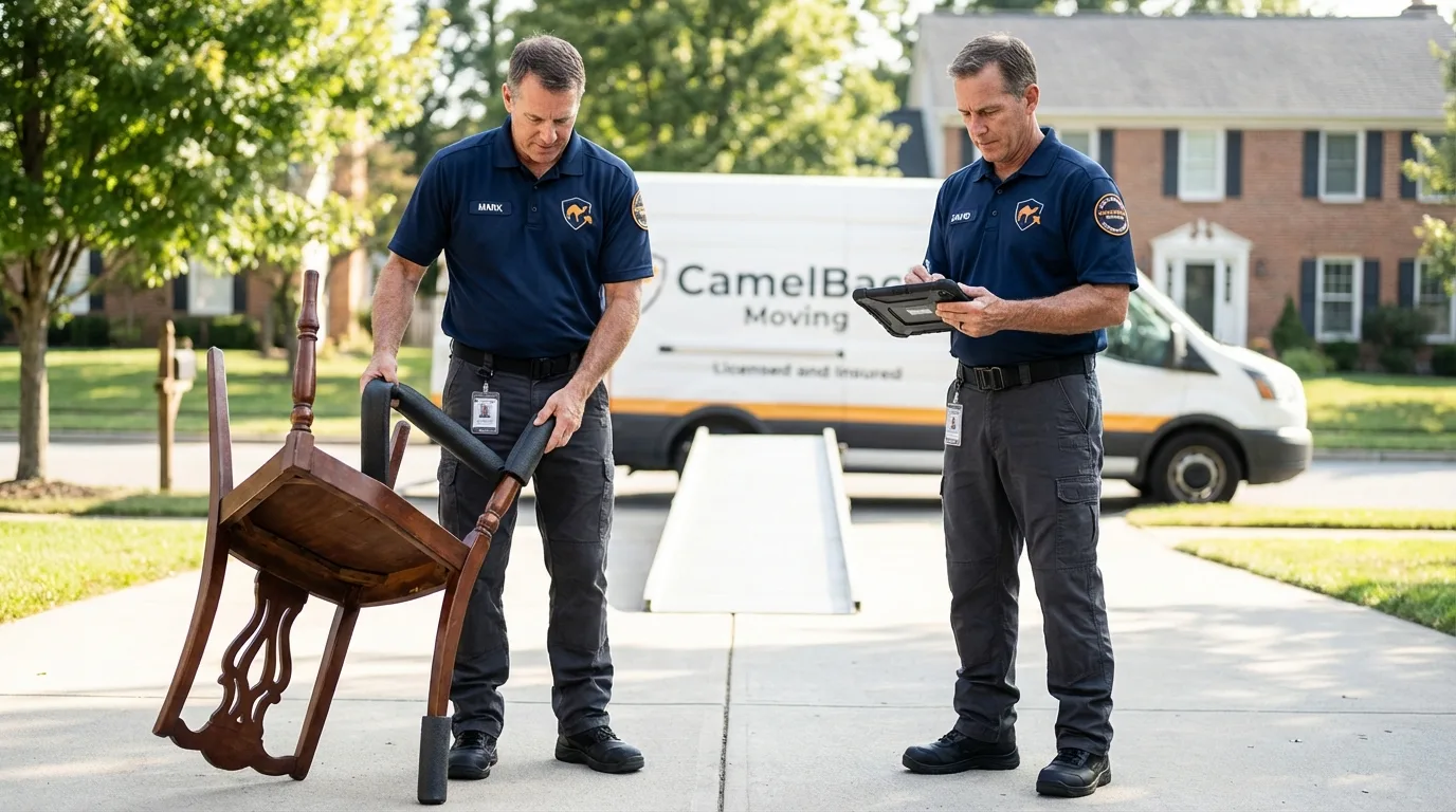 Movers inspecting furniture for damage prevention before loading in Manistique, MI