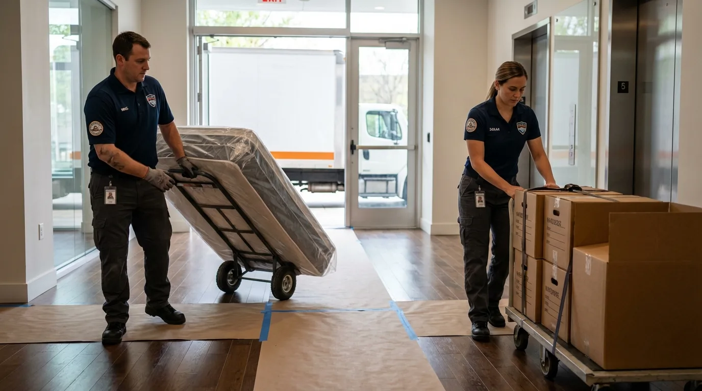 Professional apartment movers loading elevator in Manistique, MI